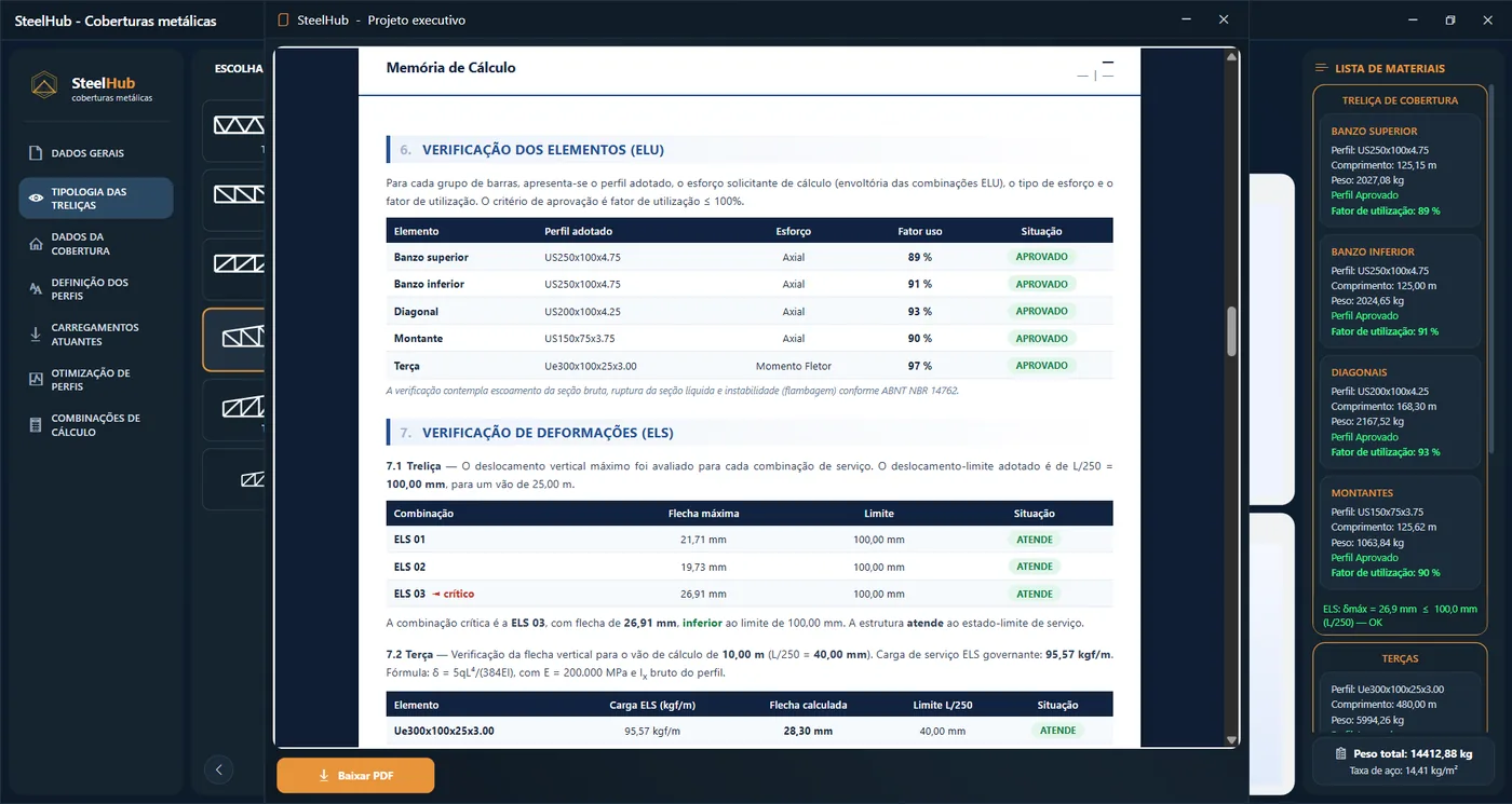 SteelHub — memória de cálculo